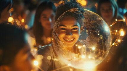Group of friends holding a glowing earth with network connection lines, celebrating global unity and sustainability