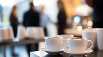 Elegant coffee service area featuring espresso cups at a business event with blurred background