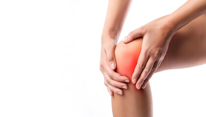 woman with knee pain showing red glow area of concern - Sports injury concept torn medial or lateral meniscus, cruciate or collateral ligaments. isolated on white background with copy space