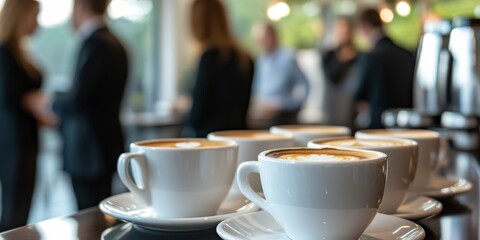 Elegant coffee service area with espresso cups at a business event in a modern office
