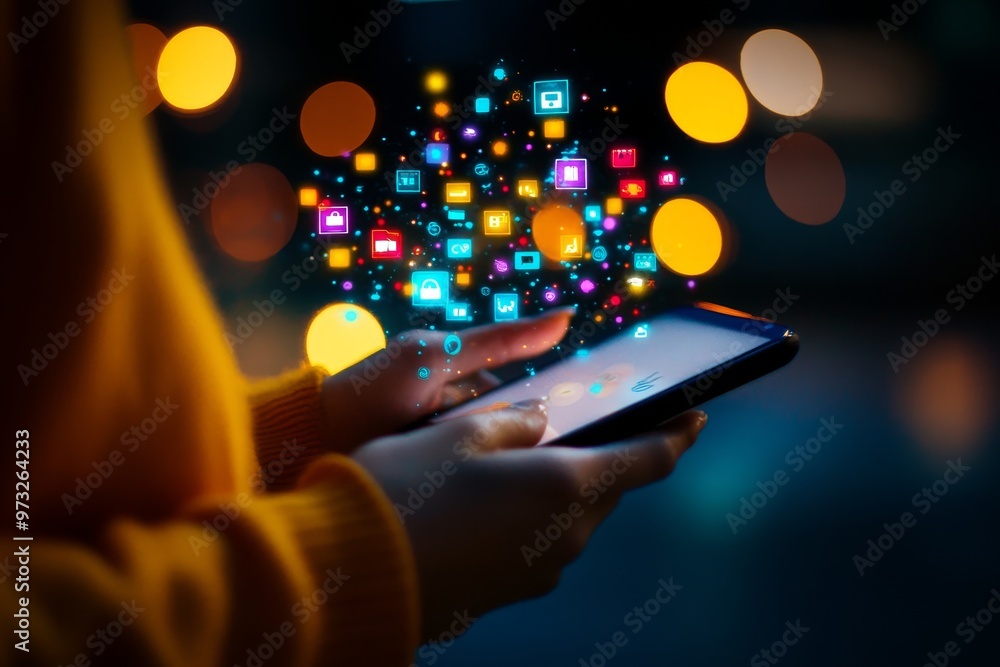 Aufkleber connecting the world with a smartphone: a person uses a smartphone with digital icons symbolizing so