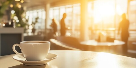 Fototapeta premium Coffee and mugs on a table in a bright modern cafe with sunlight streaming through the window
