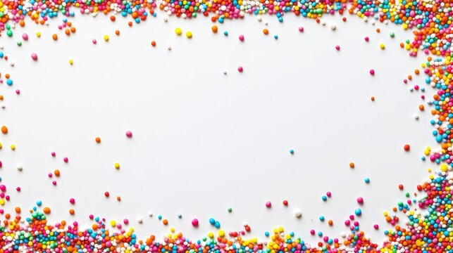 Colorful sprinkles border on white background. Perfect for birthday, party, or celebration designs. Conveys joy, festivity, and sweetness.