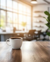 Obraz premium A cup of coffee on a wooden table in a modern office workspace with sunlight streaming in