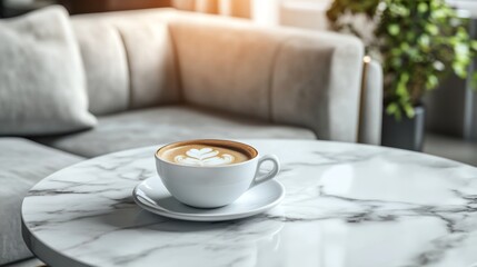 A cozy cup of coffee on a marble table in a modern living room bathed in soft sunlight