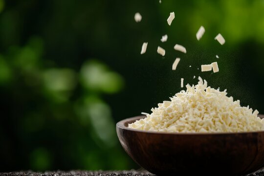 Freshly grated paneer cheese in a wooden bowl, falling into a bowl with a blurred green background, a perfect addition to your Indian cuisine.