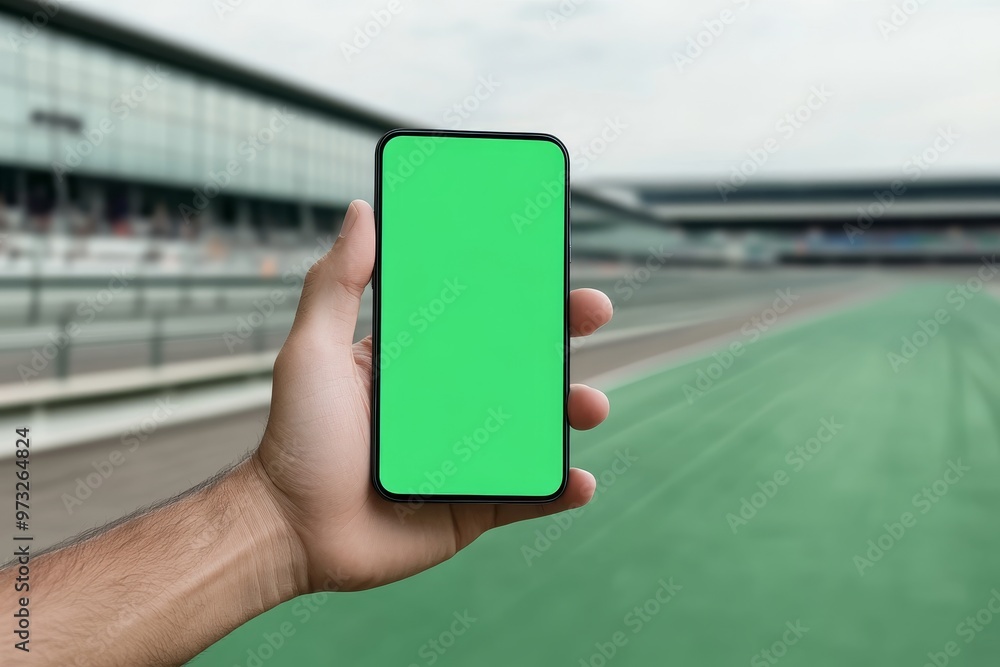 Poster hand holding smartphone with green screen at a race track, perfect for showcasing your app, website,