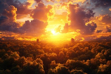 Naklejka premium Golden Hour Sunset Over Forest - A breathtaking aerial view of a forest bathed in the golden glow of a setting sun, with dramatic clouds casting long shadows. The vibrant colors and the peaceful atmos