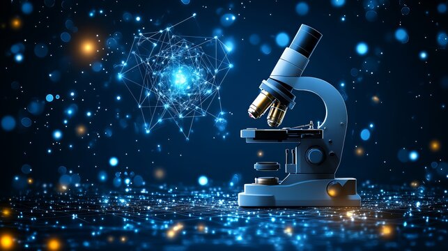 A microscope on a blue background with a glowing network of lines and dots.