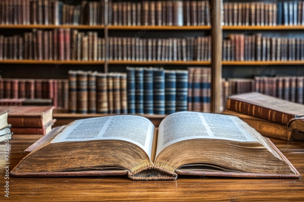 Poster open book in a library setting - a close-up of an open book on a wooden table in a library, surround