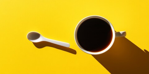 Elegant coffee cup with black coffee and spoon on sunny yellow background for a minimalist vibe