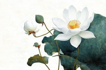 Serene White Lotus Blossom: A delicate white lotus flower blooms gracefully against a backdrop of lush green leaves, symbolizing purity, enlightenment, and beauty.