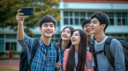Obraz premium Asian students taking a selfie at the campus, school building in the background. Happy young asian people in from of a high school building. Education theme. Asian students learning abroad in Europe o
