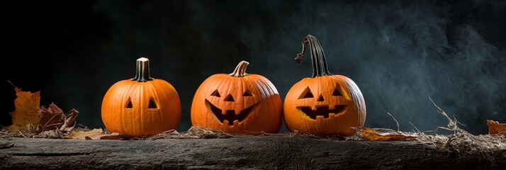 Three carved pumpkins with glowing faces, set against a dark background with fog and leaves. The pumpkins are a symbol of Halloween, autumn, and the spooky season.