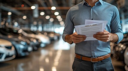 A man is standing in a car lot with a stack of papers in his hand. He is looking at the papers and seems to be focused on them. Concept of seriousness and concentration