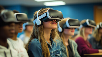 Group of diverse high school students are experiencing virtual reality using headsets in class