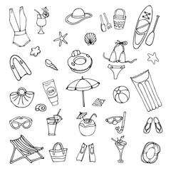 Set of summer beach elements in hand drawn doodle style. Collection of things for rest. Line stickers. Vector illustration isolated on white background.