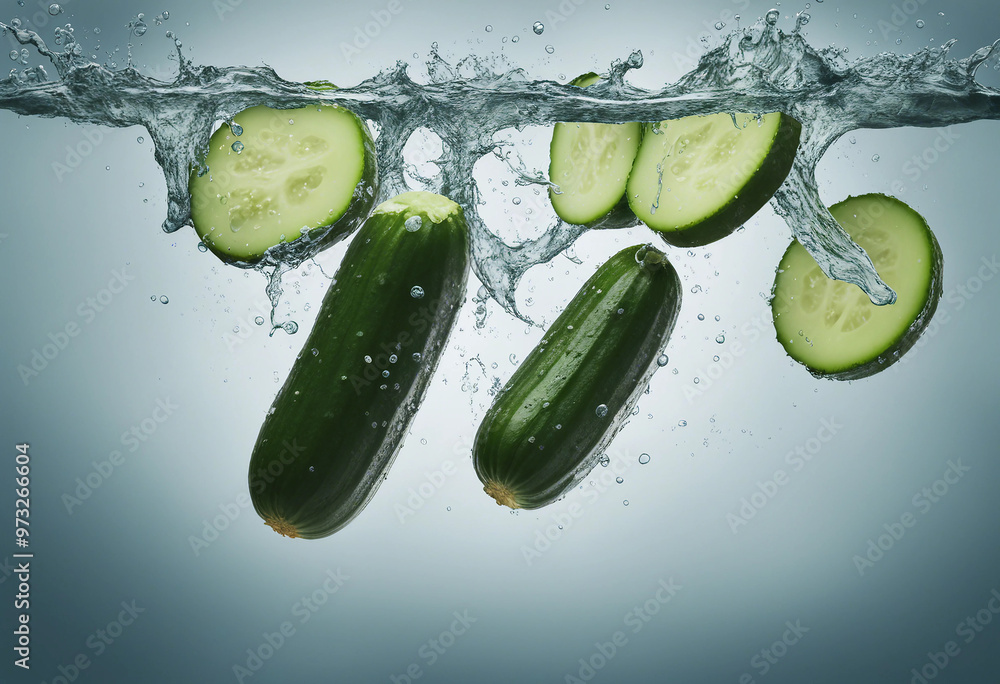 Aufkleber cucumbers in splashes falling of cucumbers with water splash