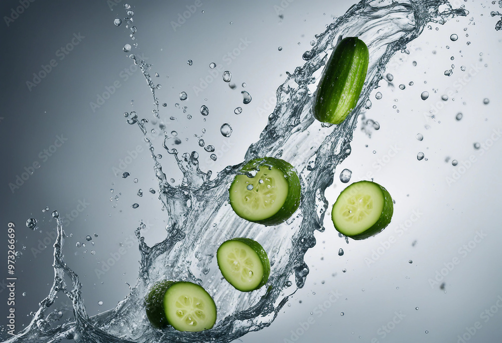 Aufkleber cucumbers in splashes falling of cucumbers with water splash