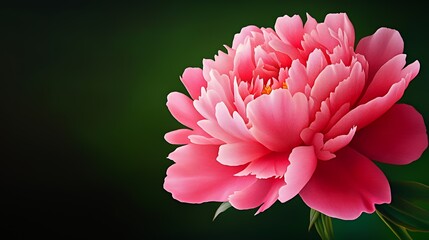 A single pink peony flower with soft petals against a dark green background.
