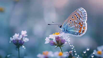 Obraz premium Beautiful wildflowers with a butterfly in a morning haze