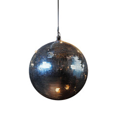 Silver disco ball isolated on black background for party and nightclub decoration, png