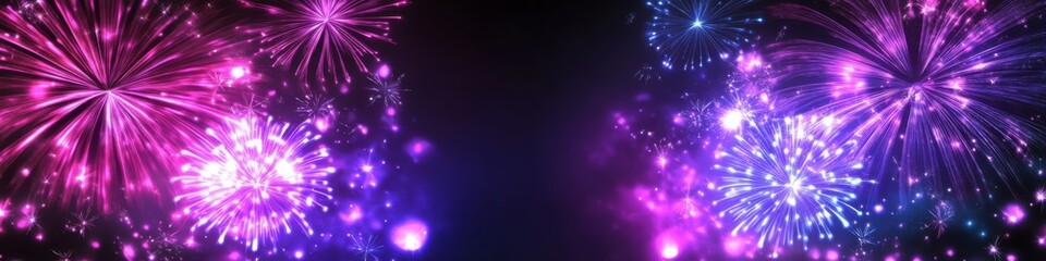 Obraz premium Vibrant celebration with pink and purple fireworks bursting against a dark night sky in a colorful display