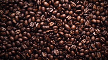 Close-up of high-resolution coffee beans texture from a top view in an ultra-detailed arrangement