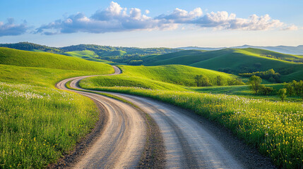 Summer landscape with a country road disappearing into the horizon among green hills