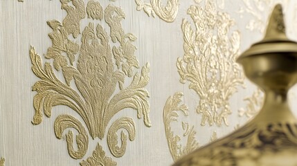 Luxurious gold-accented wallpaper featuring intricate damask designs, set against a light background that enhances its opulence