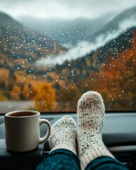 Cozy autumn day in the mountains with wool socks, coffee, and raindrops on the windshield