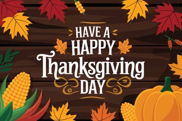 Hand drawn thanksgiving greeting card with leaves, pumpkin and
