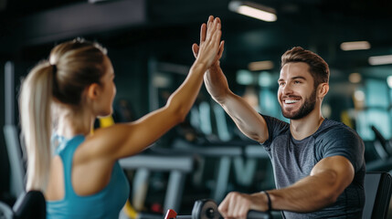 Male and a female athlete celebrating with a high five after a training session with their personal coach at the gym
