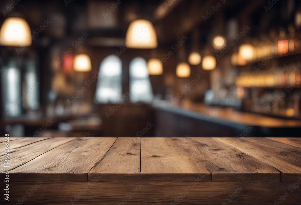 Poster empty wooden table rustic and blurred background of bar or pub for product display high quality phot