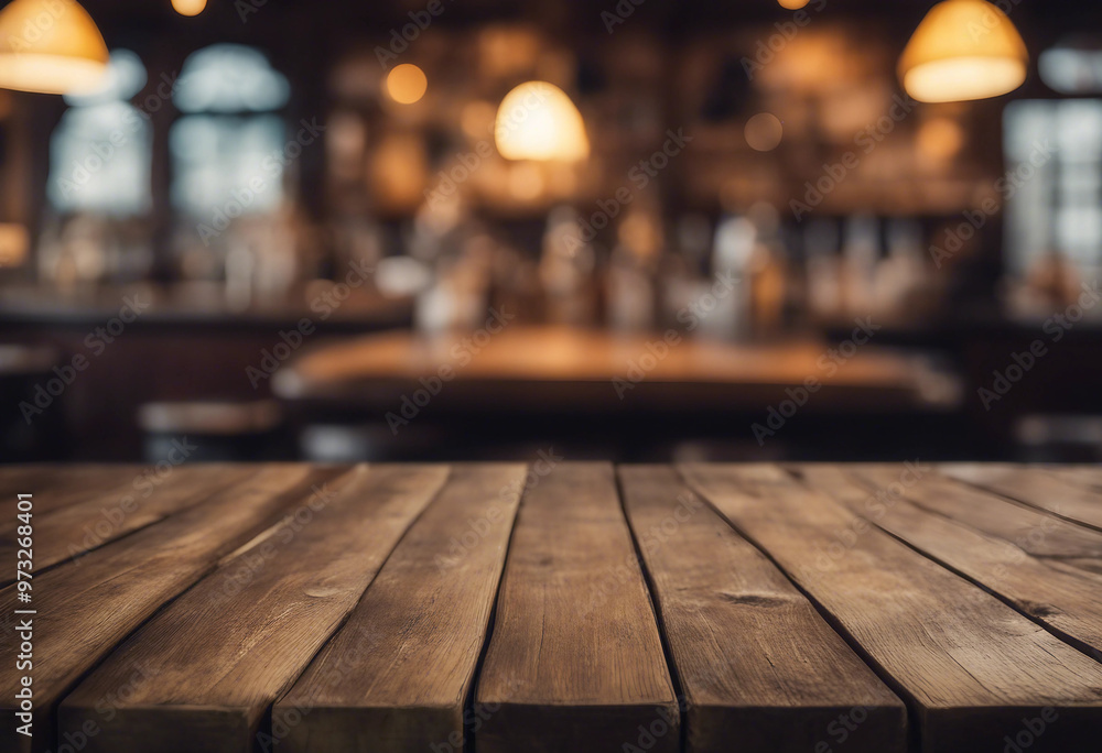 Poster empty wooden table rustic and blurred background of bar or pub for product display high quality phot