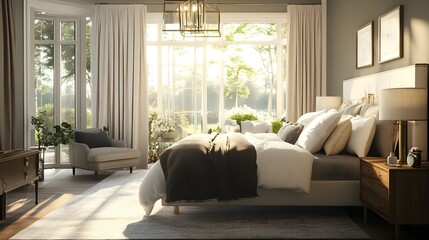 A luxurious bedroom featuring plush bedding and stylish decor, bathed in soft natural light