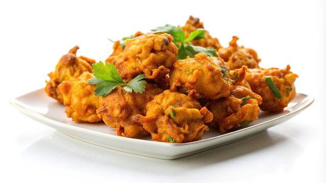 Close-up image of crispy pakora in white plate isolated on white background.