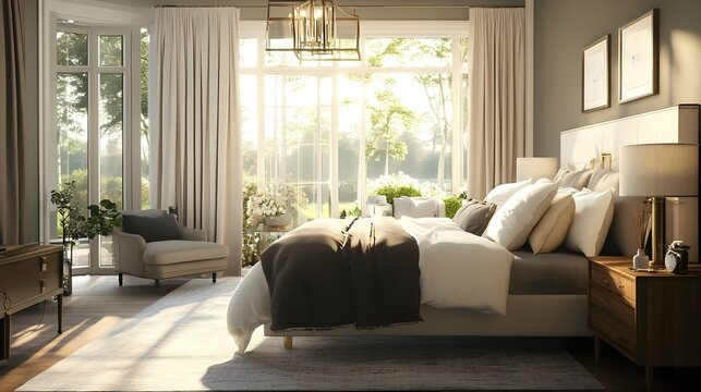 A luxurious bedroom featuring plush bedding and stylish decor, bathed in soft natural light