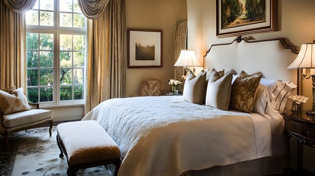A luxurious bedroom featuring plush bedding and stylish decor, bathed in soft natural light