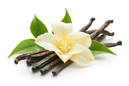 Vanilla flower and pods with green leaves isolated on a white background.