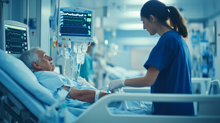 Obraz premium Nurse is setting up an iv drip for an elderly male patient in a hospital bed