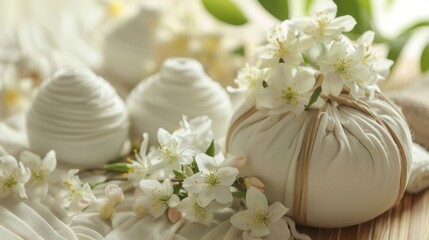 Herbal compress and jasmine flowers in a peaceful spa Close-up photo with clean background