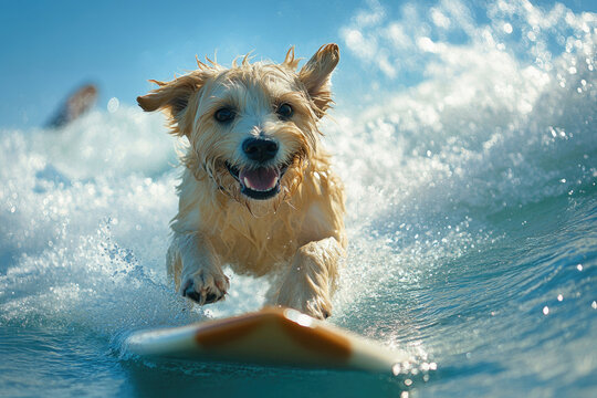 A dog surfing on a wave