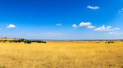 Fototapeta premium A panoramic view of the vast savannah of Kruger National Park, showcasing golden grasslands under a bright blue sky