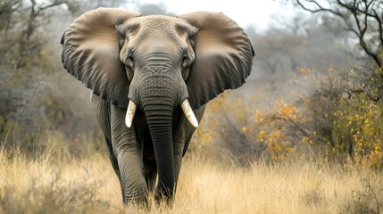 Fototapeta premium An up-close shot of a majestic elephant walking through the bush in Kruger National Park, with a blurred background for emphasis