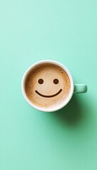 Happy coffee cup with a smiley face on mint green background, perfect for a joyful morning vibe