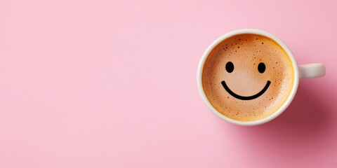 A cheerful coffee cup with a smile on a pink background for a bright morning start