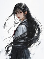 Fototapeta premium A young woman with long black hair and a white shirt and black skirt looks at the camera.