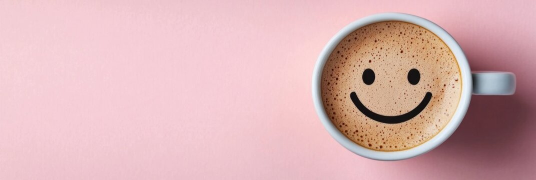 Happy coffee cup with smiley face on a pink background for an uplifting morning vibe