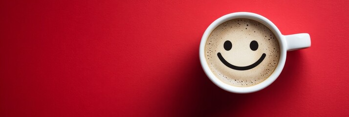 Enjoy a cheerful coffee moment with a smiley face design on a vibrant red background